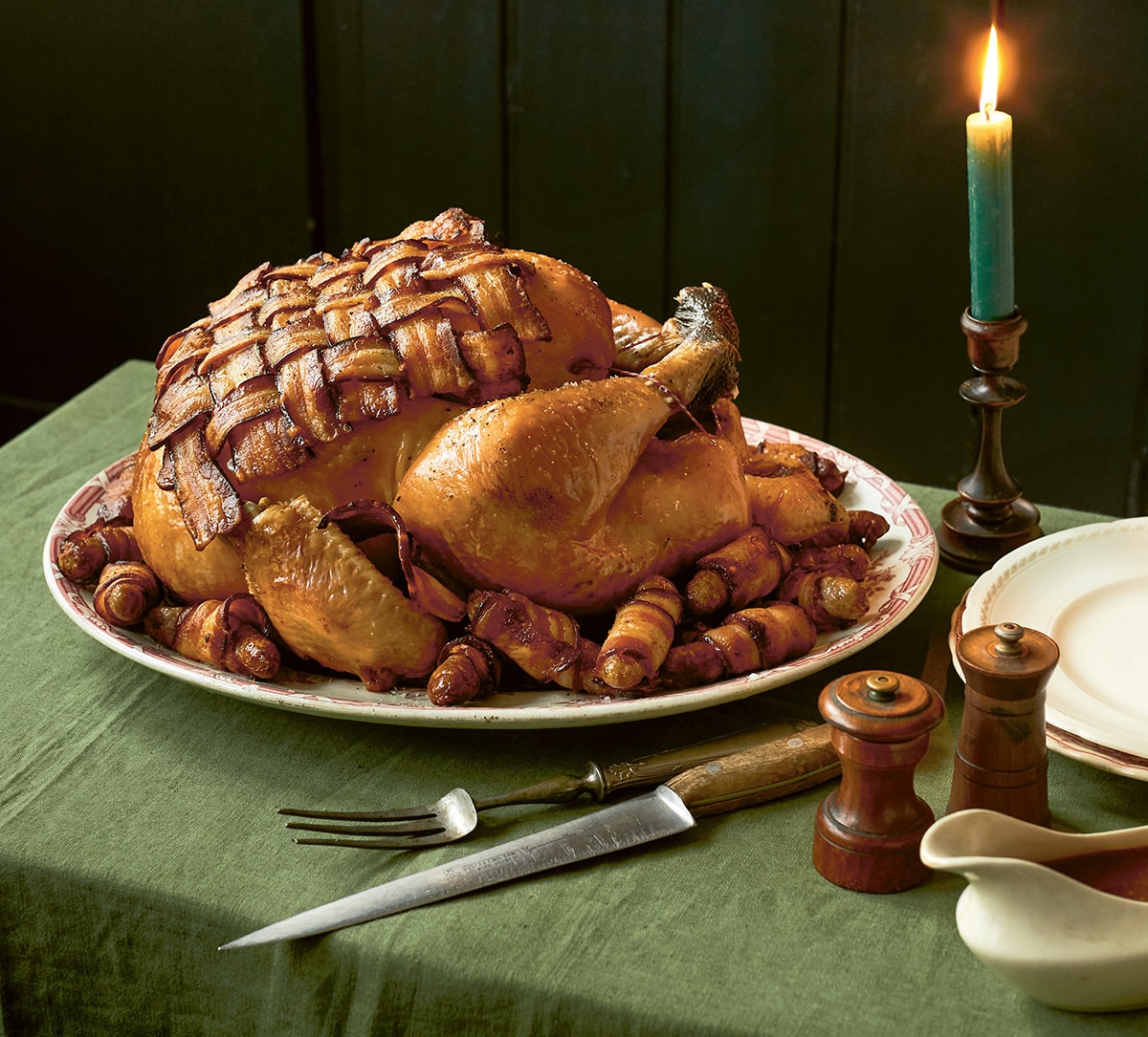 Roast turkey with a bacon lattice, made with Borough M