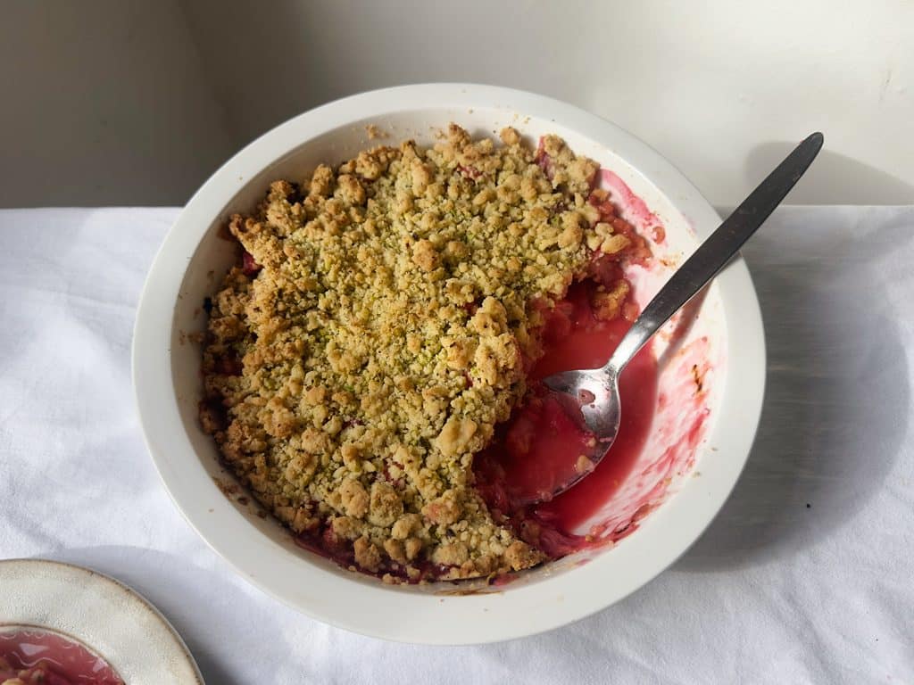 Rhubarb, ginger & pistachio crumble made with Borough Market ingredients